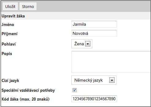 2) Zobrazí se obrazovka Upravit žáka. Pro uložení změn u žáka stiskněte tlačítko Uložit, v opačném případě stiskněte tlačítko Storno.