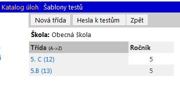 6 STAHOVÁNÍ HESEL PRO ŽÁKY Stahování hesel pro žáky je dostupné přes odkaz Třídy na úvodní stránce školy. Na následující stránce je třeba stisknout tlačítko Hesla k testům.