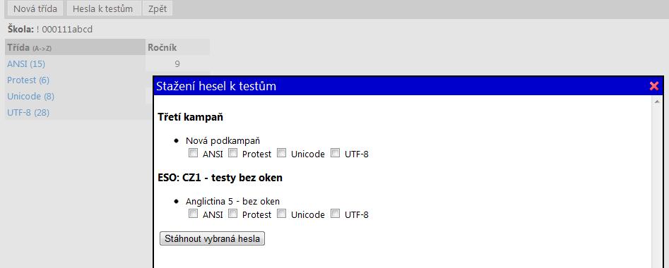 Máte možnost si vybrat, pro kterou třídu si hesla stáhnete. Stažený soubor je ve formátu ZIP. Po rozbalení mají soubory s hesly příponu CSV.