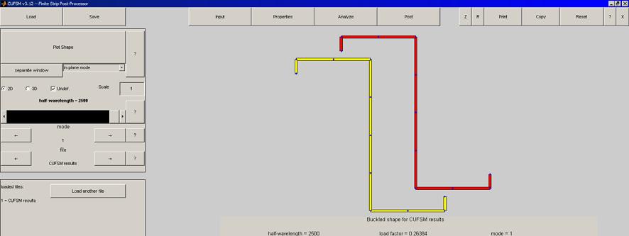 Obr. 8.3 CUFSM Post Input Zadání materiálu (Material Properties) je provedeno textovým zápisem. Stejně tak je nutné definovat uzly včetně okrajových podmínek (Nodes) a následně prvky (Elements).