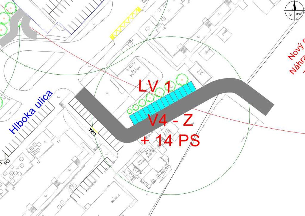 27592 Vinohrady I V4 Výstavba zálivu pro kolmé stání, doplněného o vzrostlou zeleň s přístupovou komunikací východně od Hlboké ulice 14 PS 27 806 Plocha parkovacích ploch 175 m2 Plocha pojížděných