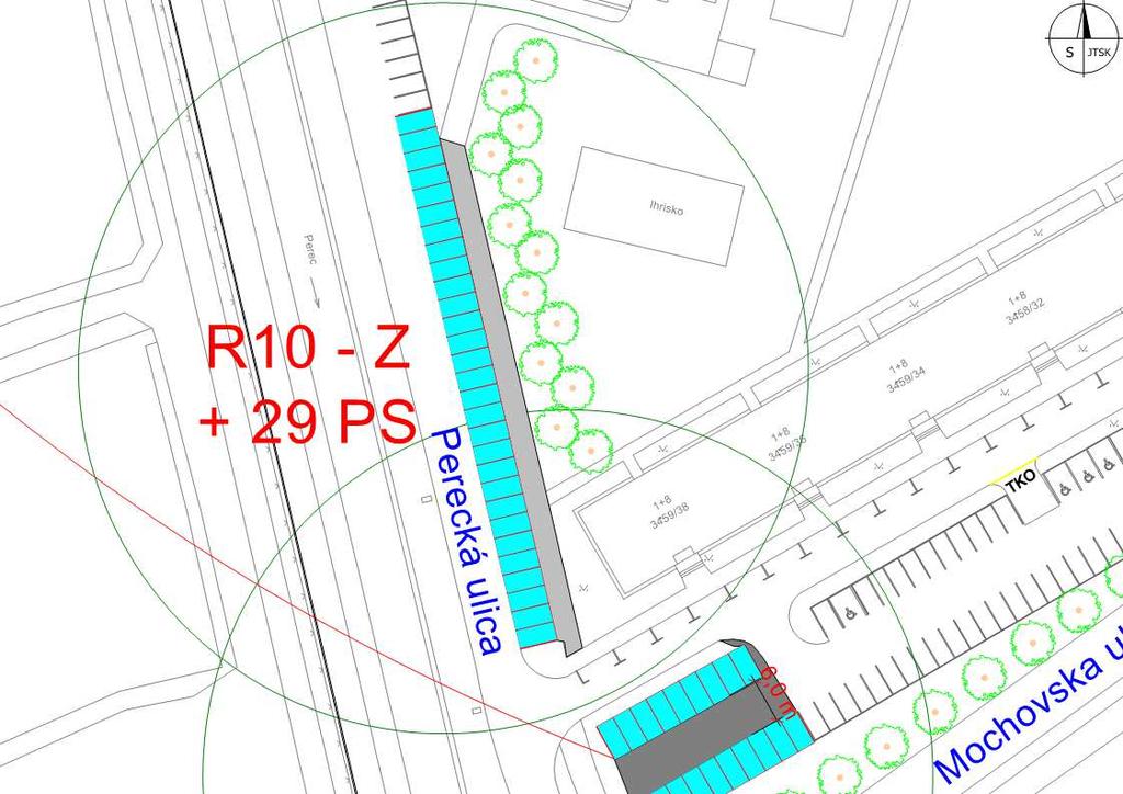 23172 Rybníky III R10 Rozšíření zálivu pro kolmé stání jižně na ulici Perecká, doplnění o vzrostlou zeleň 29 PS 34 799 Plocha parkovacích ploch 363 m2 Plocha pojížděných