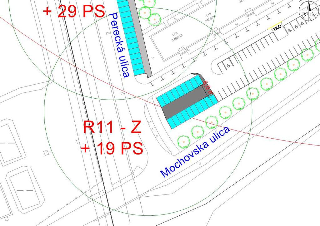 23172 Rybníky III R11 Prodloužení parkovacích zálivů pro kolmé stání v jižní části Perecké ulice 19 PS 24 844 Plocha parkovacích ploch 238 m2 Plocha pojížděných ploch