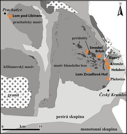 Obr. 2. Mapa geologické pozice jihočeských granulitových masivů s lokalizacemi studovaných hornin (Vrána, 19