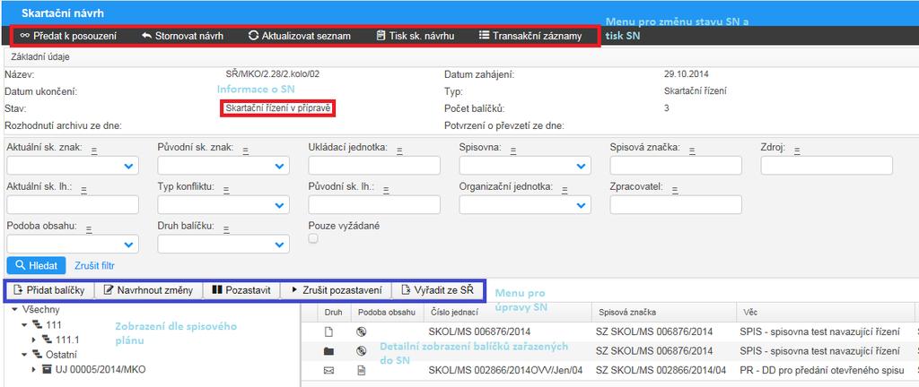 obr. 19. Detail skartačního návrhu 2.7.3. Zobrazení detailu balíčku ve skartačním návrhu 1. Klikněte na tlačítko <Detail balíčku>, případně zobrazte dvojitým kliknutím na vybraný záznam v seznamu. 2. Dojde k zobrazení všech dostupných informací týkajících se vybraného balíčku.