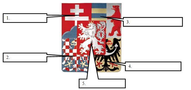 Úkol č. 2 Nová Československá republika se skládala v letech 1920-1927 z pěti částí. Z nabídky přepiš jejich názvy k obrázku státního znaku.