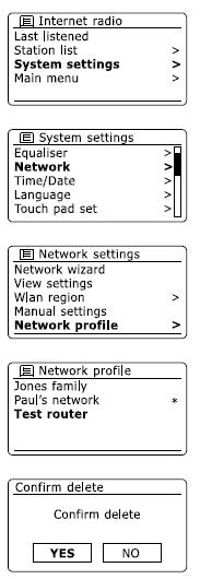Síťové profily Pokaždé, když se rádio připojuje k WiFi, jsou v paměti uloženy podrobnosti o připojení (SSID, bezpečnostní klíč, DHCP / IP adres) do uloženého síťového profilu.
