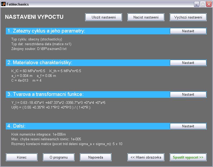 8.2.2 Okno Nastavení výpočtu Prostřednictvím tohoto okna se nastavují veškeré parametry výpočtu. Je rozděleno do čtyřech oddílů, z nichž každý zobrazuje aktuální nastavení výpočtu.