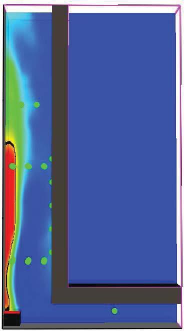 a) b) Obrázek 6: FDS simulace - rozložení teplotního pole v šachtě (v čase 4 min.