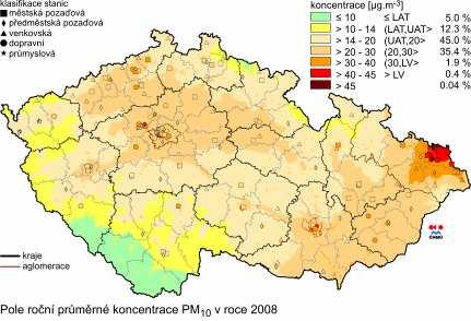 Obrázek 3. Pole roční průměrné koncentrace PM 10 v roce 2008 [11] 3.