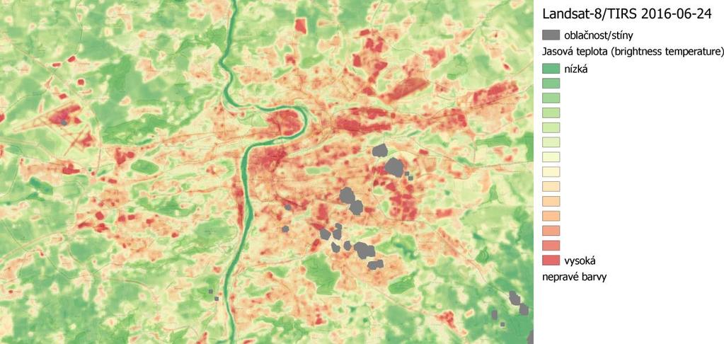 Obrázek 9 Měření jasové teploty družicí Landsat-8 nad Prahou dne 24. 6. 2016 v 12:00 2.3.