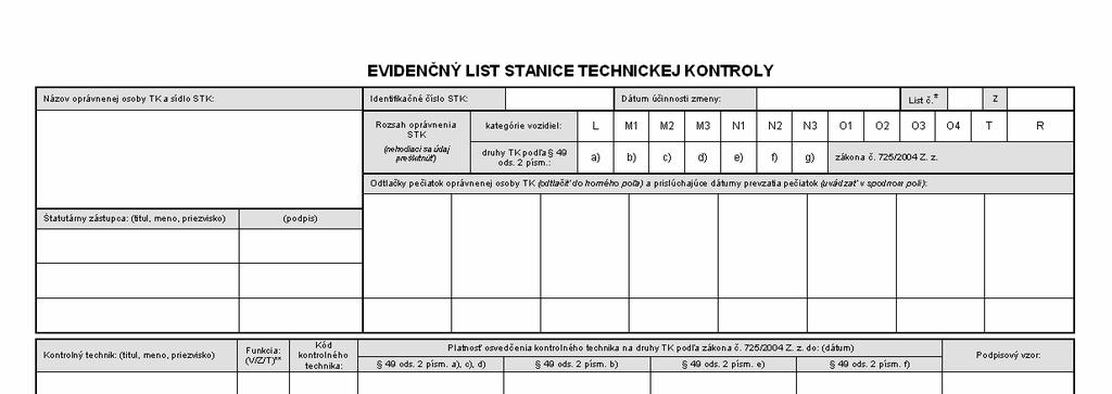 Evidenčný list STK s podpisovými vzormi kontrolných technikov a vzorovými odtlačkami pečiatok v informačnom systéme Podľa nového metodického pokynu MDPT SR bude nový