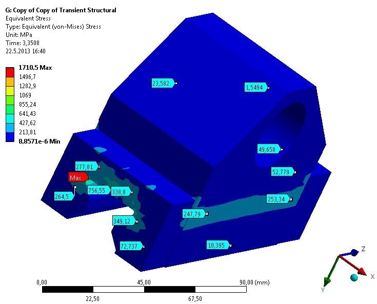 4.12.5) Posuvné kameny Na obrázku 76 je zobrazen průběh napětí v posuvném kameni, kdy maximální hodnota napětí činí 1 710,5 MPa, toto místo je označeno nápisem max.