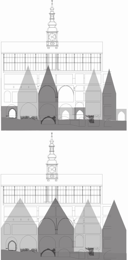 Závěry Obr. 248. Jihlava Masarykovo náměstí 1 a 2 (radnice). Situace přízemí komplexu s odfiltrováním archeologických a stavebních situací mladších než z 13. 14.