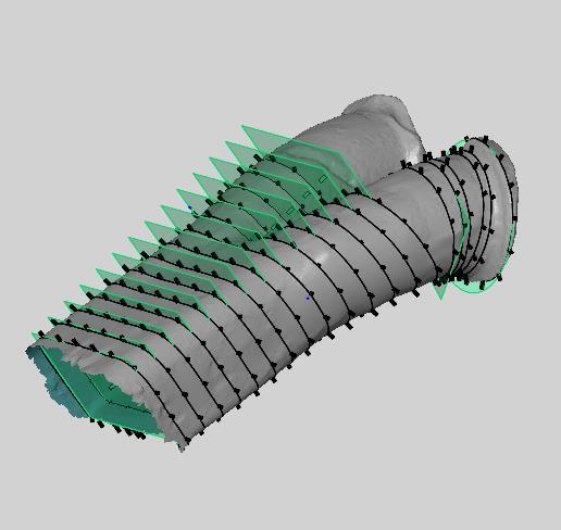 VYTVOŘENÍ VIRTUÁLNÍHO MODELU Obr. 24 Řezy vytvořené v GOM Inspect 6.4 VYTVOŘENÍ CAD MODELU Pro vytvoření CAD modelu byl využit již zmíněný program Creo Parametric 2.0.
