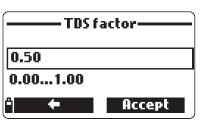3 Faktor rozpuštěných látek (TDS) (pouze HI 98194 a HI 98195) TDS znamená total dissolved solids, celkové rozpuštěné látky, a je vypočteno z konduktivity