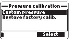 7.2 KALIBRACE ATMOSFERICKÉHO TLAKU Umístěte HI 9819X do místa bez průvanu a zvolte Custom pressure (uživatelský tlak) pro provedení uživatelské kalibrace nebo Restore factory calib.