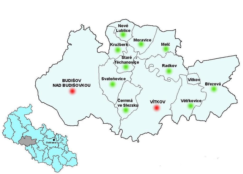 Obrázek 1 SO ORP Vítkov obce, které mají zájem o využívání servisního centra Na obrázku č. 1 jsou zeleně vyznačeny obce, které mají zájem o využívání servisního střediska ve SO ORP Vítkov.