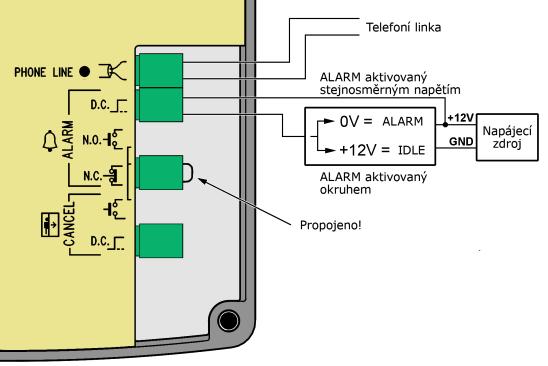 Zapojení tlačítka Alarm ovládaný inverzním napětím Obrázek ukazuje uspořádání, kde napětí je přítomno a aktivace je způsobena nepřítomností napětí. Varování Nelze zapojit více zařízení na jednu linku!