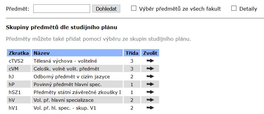 Registrace a zápisy Vlastní registrace Zadat kód předmětu nebo alespoň část názvu a