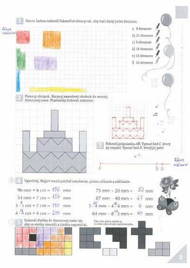 3. strana: opakovanie: bod, priamka, polpriamka,, : km, m, dm, cm, mm, pravidlá rysovania; pomocné: Hlavný motív strany: narodeninová oslava Práca so stranou: významných udalostiach v rodine,