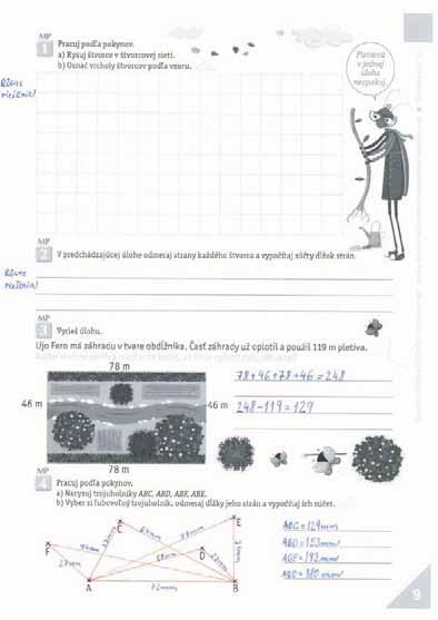 9. strana: opakovanie: : rysovanie; nové: rysovanie štvorca a štvorcovej sieti, rysovanie trojuholníka; pomocné: pojmy : riadok, Hlavný motív strany: z Práca so stranou: Práci na starostlivosti o