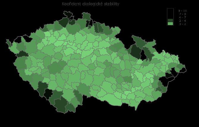 KES > 3,00 strukturami, důsledkem je i nižší spotřeba energomateriálových vkladů přírodní a přírodě blízká krajina s výraznou převahou ekologicky stabilních struktur a nízkou intenzitou využívání