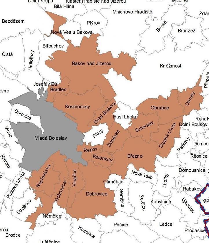 Působnost MAS Boleslavsko (dále jen území MAS ) zahrnuje území těchto 15 obcí: Bakov nad Jizerou, Bradlec, Březno, Dlouhá Lhota, Dobrovice, Dolní Stakory, Kolomuty, Kosmonosy, Nepřevázka,