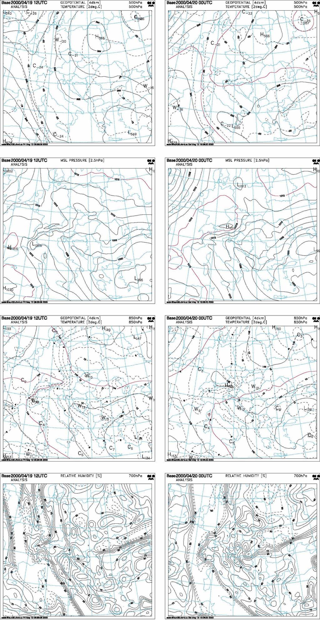 Obr. 1 Objektivní analýzy modelu ARPEGE/ALADIN (AT + teplota vzduchu v hladině 500 hpa, přízemní tlak vzduchu přepočtený na hladinu moře, AT + teplota vzduchu v hladině 850 hpa, relativní vlhkost v