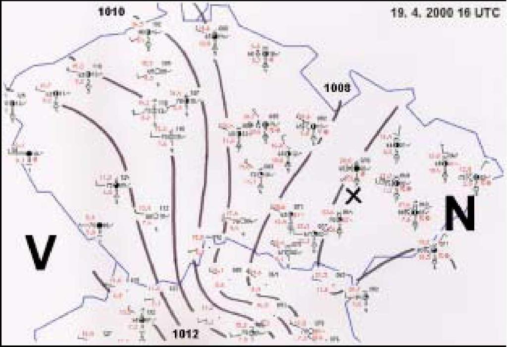 The site of the tornado occurrence is indicated by a cross. Brna), zejména v termínu 15 UTC.