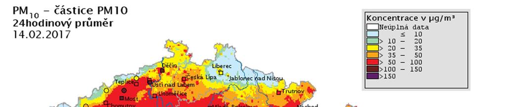 Z grafu je patrné, že v případě denního imisního limitu pro PM 10 došlo k překročení imisního limitu na všech lokalitách s výjimkou venkovské pozaďové lokality Těšnovice.
