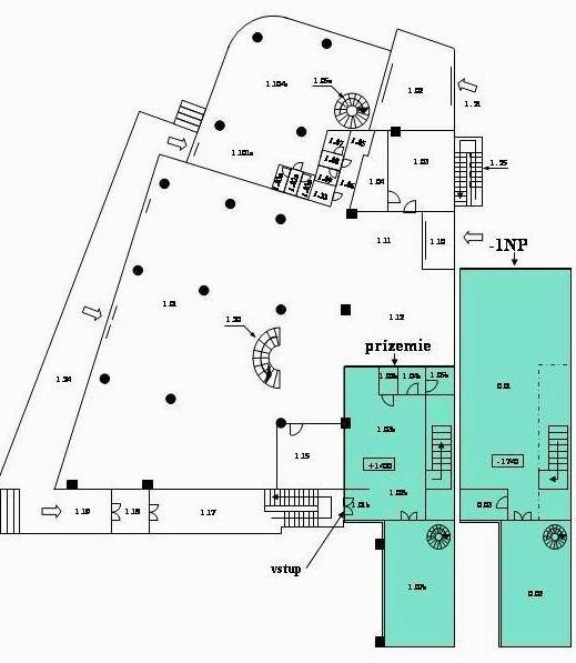 Pôdorysy: Administratívna budova blok A - prízemie Výmery a sadzby : Administratívna budova blok A - prízemie kancelárske priestory... 150 m2. - výška nájomného... 136,1 (4 100 Sk)/m2/rok.