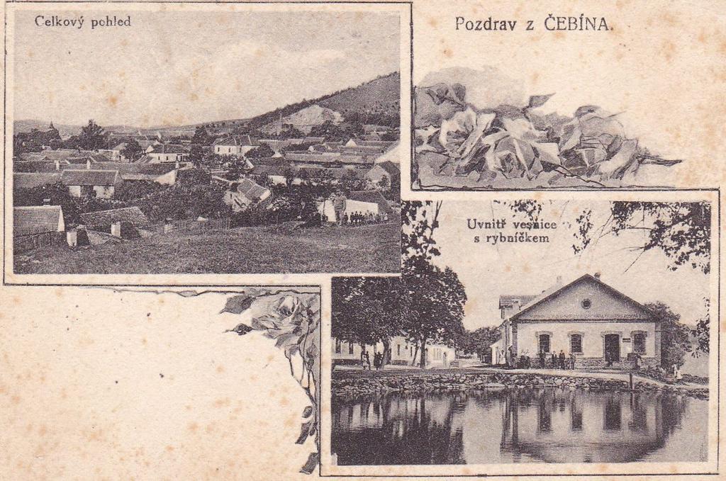 STŘÍPKY Z HISTORICKÝCH KRONIK OBCE Pohlednice 1918 Pohlednice z roku 1918, která vyšla nákladem obchodníka Edmunda Machatky, zachycuje v prvním poli celkový pohled na Čebín z Horky a v druhém poli