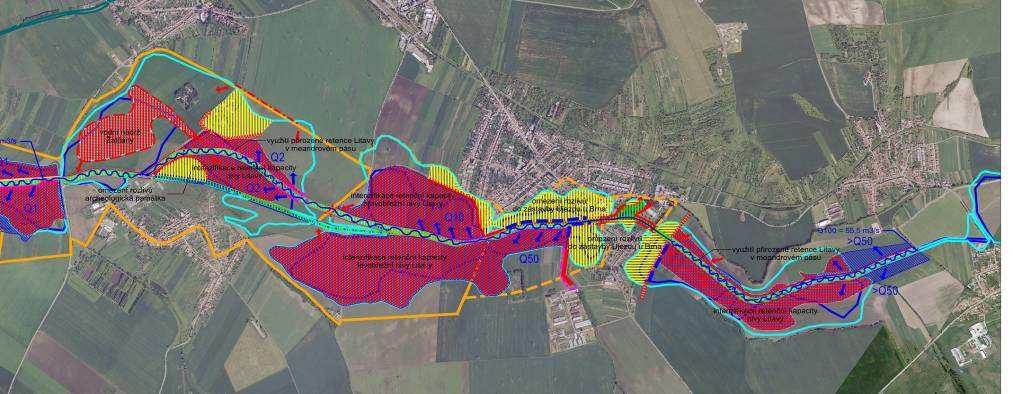 Příklad standardního výstupu projektu: nakládaní s povodňovými průtoky ukazuje kompenzaci ochráněných ploch zástavby zvýšením retence ve volné krajině modrá - původní rozsah