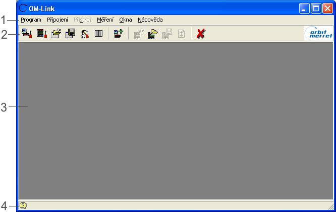 Hlavní okno 3 8 Hlavní okno Hlavní okno aplikace OM-Link obsahuje hlavní nabídku (1), nástrojovou lištu (2) a stavovou lištu (4).