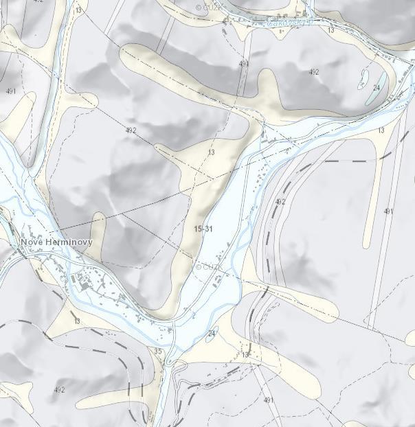 Řešený úsek Obr. 2.5 Geologická mapa [9] Průtoky byly naměřeny v profilu pod Oborenským potokem. Data byla poskytnuta ČHMU v prosinci 2008 s třídou přesností II [6]. Tab.