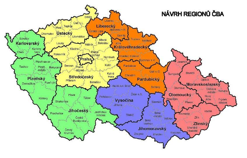 Orientační mapka regionů Little League v ČR od roku 2016.