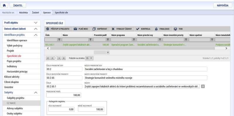 SPECIFICKÉ CÍLE Záložka je vyplněna automaticky dle nastavení výzvy, data nelze editovat.