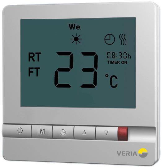 Popis tlačítek a displeje Instalace a zapojení termostatu Aktuální teplota podlahy Aktuální pokojová teplota Termostat zapnutý Den týdne Ohřívání topného prvku Při montáží termostatu do krabičky ve