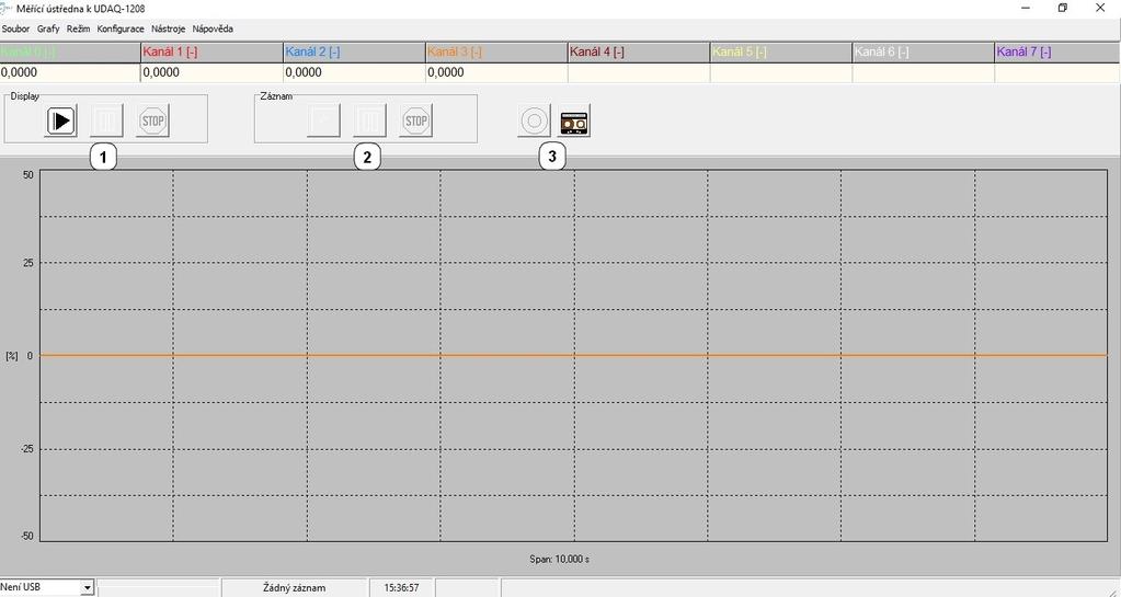 Před spuštěním programu je potřeba připojit převodník (modul UDAQ-1208) k PC pomocí USB kabelu, jinak by ho program nenašel. Připojení převodníku se zobrazuje v levém dolním okraji, viz obr. 10.3.