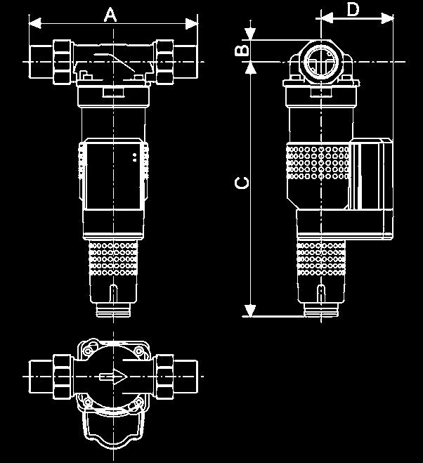 JD40100500 Průtok 13 m 3 /h 17 m 3 /h Připojení 1 1/2" 2" Hmotnost 8 kg 8 kg A (mm) 252 280 B (mm) 35 43 C (mm) 385 395 D (mm) 108 108 Provozní tlak 0,1 1,6 MPa 0,1 1,6 MPa