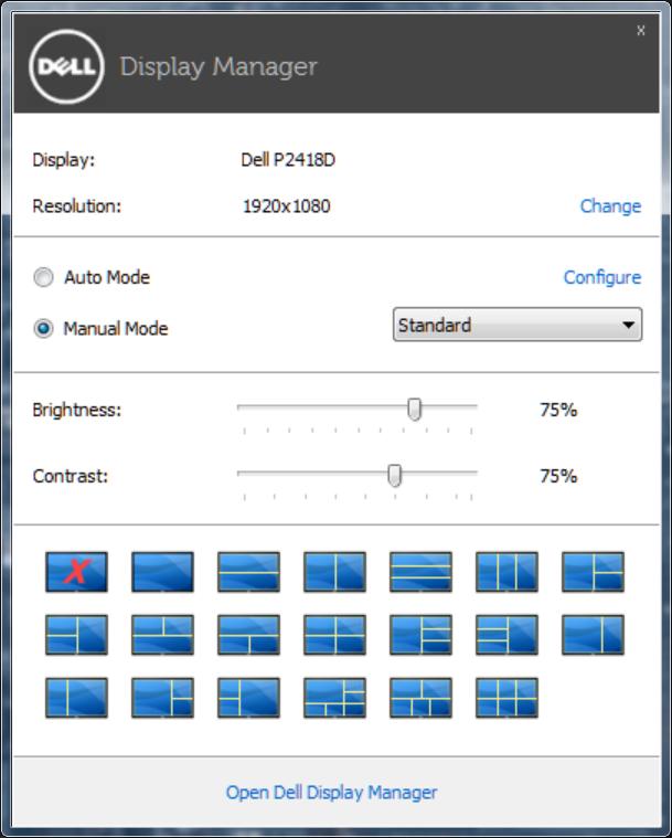Používání dialogového okna Rychlá nastavení Kliknutím na ikonu nástroje Dell Display Manager v oblasti upozornění se spustí dialogové okno Quick Settings (Rychlá nastavení).