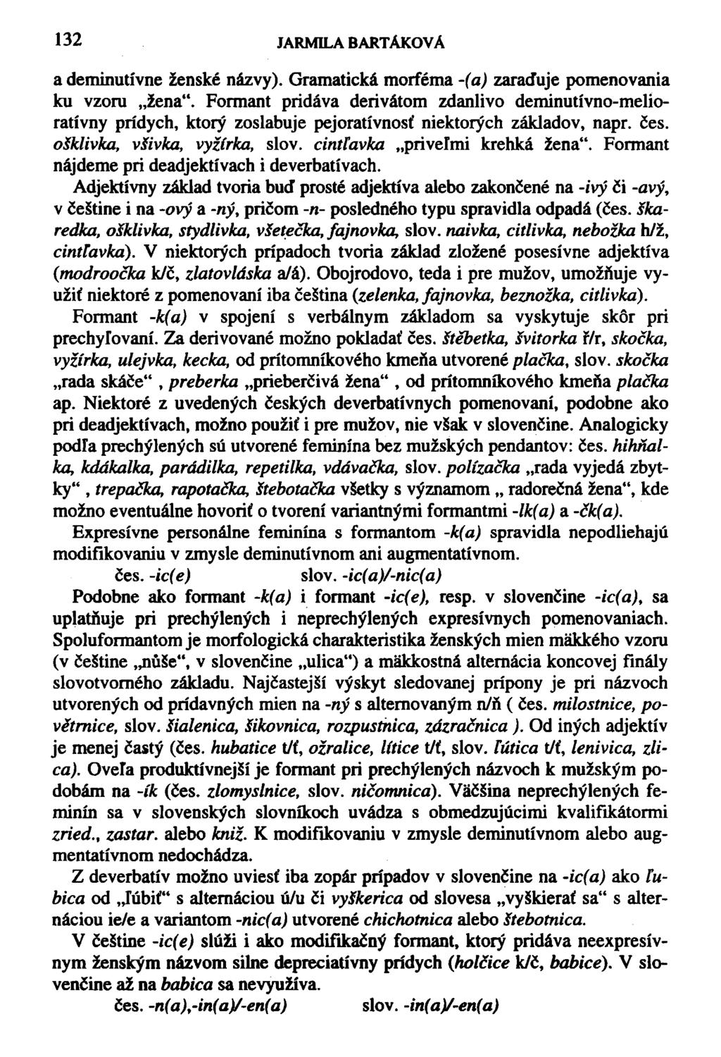 132 JARMILA BARTÁKOVA ademinutívne ženské názvy). Gramatická morféma -(a) zaraďuje pomenovania ku vzoru žena".