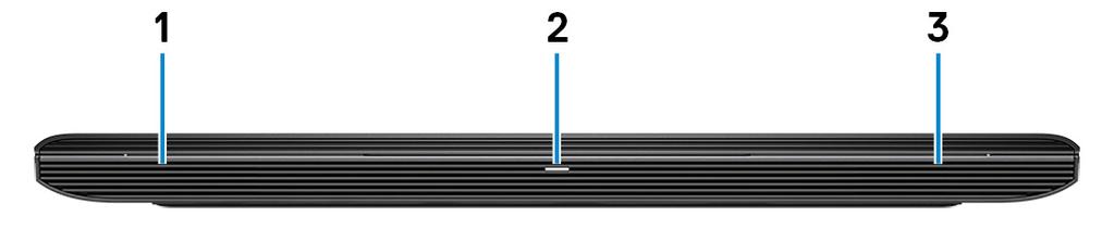 4 Pohledy Vpředu 1 Levý reproduktor Zajišťuje zvukový výstup. 2 Indikátor stavu napájení a baterie / indikátor aktivity pevného disku Ukazuje stav nabití baterie a aktivitu pevného disku.