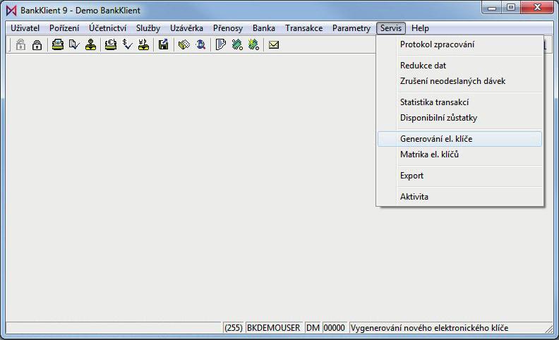 Proběhlo přihlášení do aplikace BankKlient, pod profilem nastaveným bankou. Nyní je nutné vygenerovat provozní elektronický klíč.