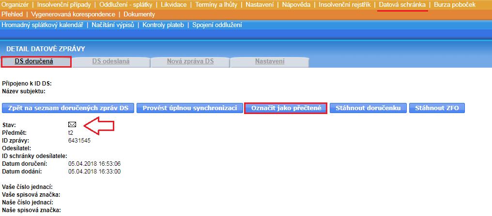 DATOVÁ SCHRÁNKA ÚPRAVA FUNKČNOSTI TLAČÍTKA OZNAČIT JAKO PŘEČTENÉ V detailu doručené zprávy modulu Datová schránka jsme upravili funkčnost tlačítka.