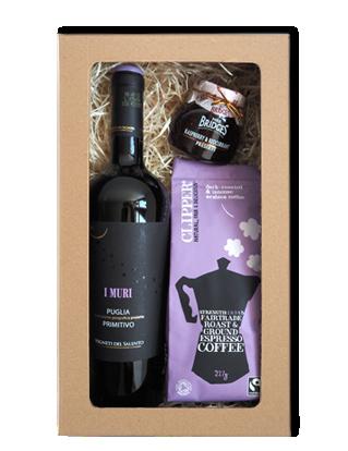 Dřevěný hamper s kávou, čajem a čokoládou BIO COFFEE ITALIAN STYLE 225G OR TEA