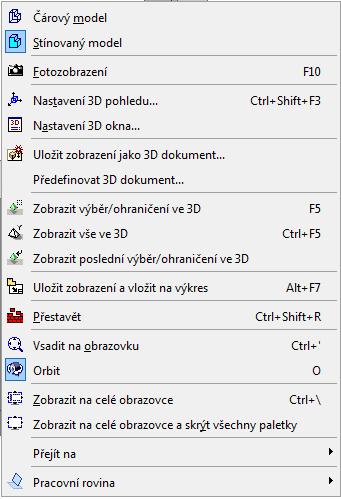 Kontextové menu Klikneme-li v 3D režimu pravým tlačítkem do prázdné plochy, objeví se kontextové menu: Obvykle se studenty neprocházím celé menu, ale pouze zdůrazním zajímavé položky.