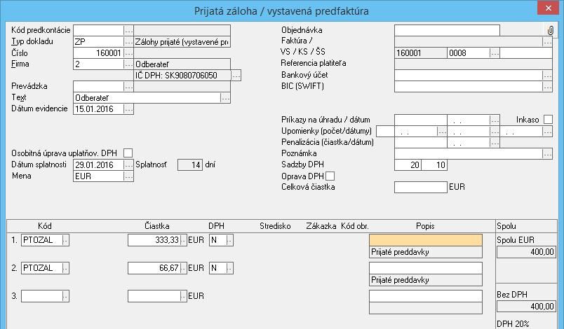 Program automaticky zaúčtuje pohľadávku do saldokonta. Do pohybov dokladu sa preberú Vami zadané hodnoty kódov a čiastok očakávaného preddavku.