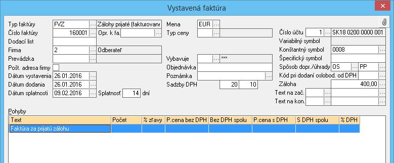 Následne v okne vystavenej faktúry, zadajte do pohybov len položku faktúry s textom napr.